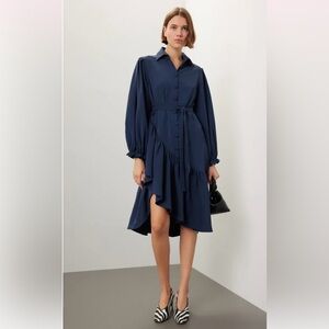 Osman Yousefzada Twill Ruffle Dress Navy Blue Womens Size 4 Original Retail $490